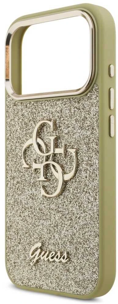Guess Fixed Glitter Big 4G Metal Frame dėklas skirtas Apple iPhone 17 Pro aukso spalvos