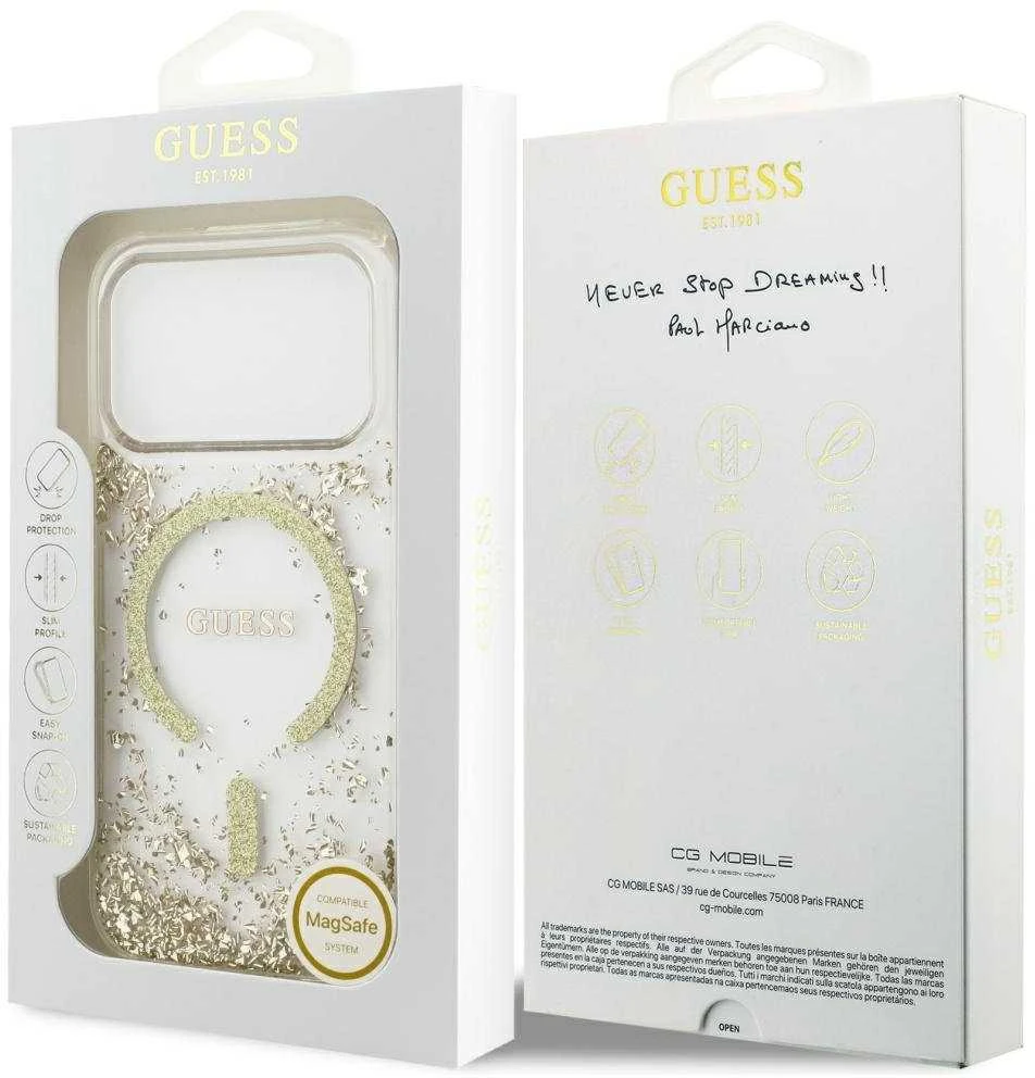 Guess Resin Bottom Glitter MagSafe dėklas Apple iPhone 17 Pro aukso spalvos