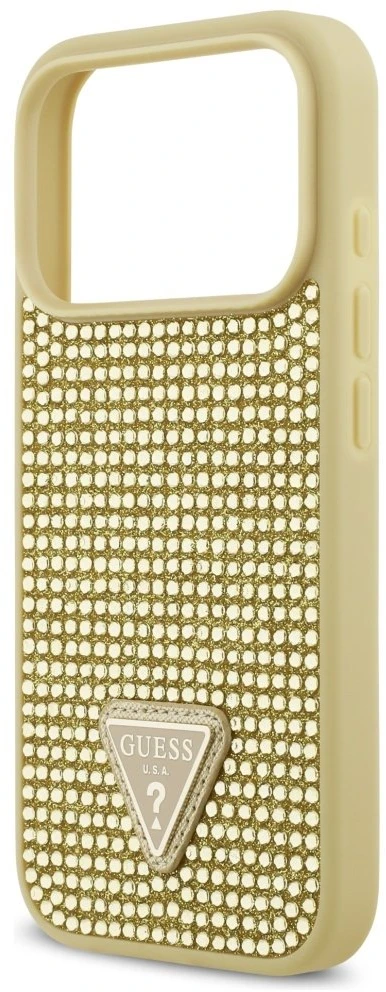 Dėklas Guess Rhinestone Triangle Logo skirtas Apple iPhone 17 Pro aukso spalvos