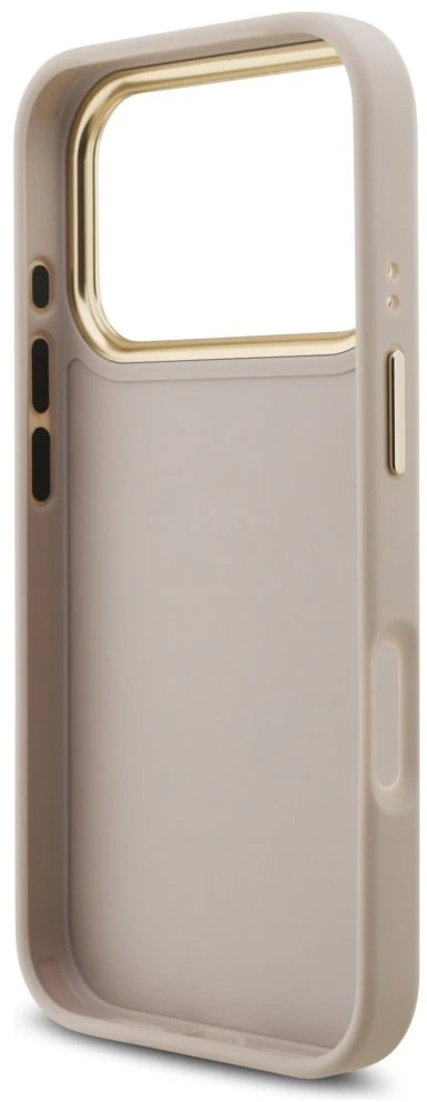 Guess PU Leather 4G Metal Logo Gold Frame dėklas skirtas Apple iPhone 17 Pro rožinės spalvos