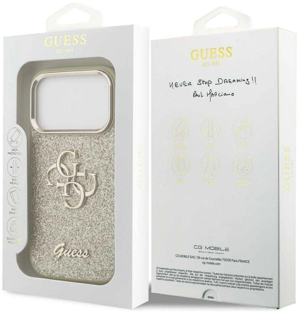 Guess Fixed Glitter Big 4G Metal Frame dėklas skirtas Apple iPhone 17 Pro aukso spalvos