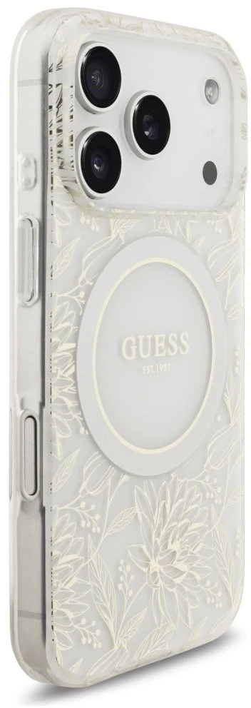 Guess IML Flowers Allover Strap MagSafe dėklas skirtas Apple iPhone 17 Pro baltos spalvos
