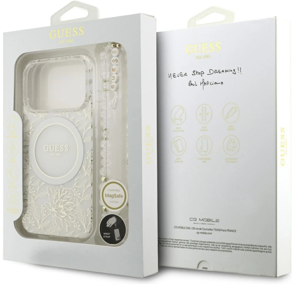 Guess IML Flowers Allover Strap MagSafe dėklas skirtas Apple iPhone 17 Pro baltos spalvos