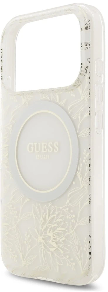 Guess IML Flowers Allover Strap MagSafe dėklas skirtas Apple iPhone 17 Pro baltos spalvos
