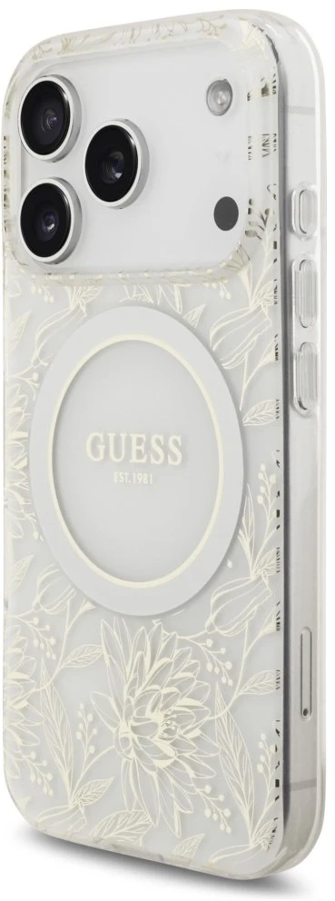 Guess IML Flowers Allover Strap MagSafe dėklas skirtas Apple iPhone 17 Pro baltos spalvos