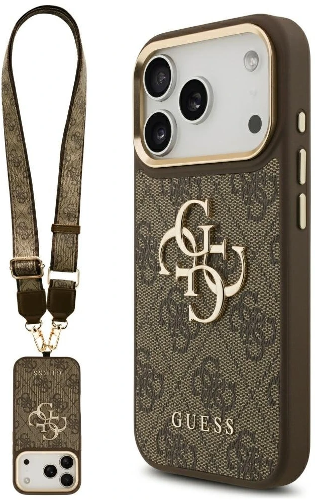 Guess 4G Big 4G Classic Logo Big Strap Metal Mygtukai dėklas skirtas Apple iPhone 17 Pro Brown