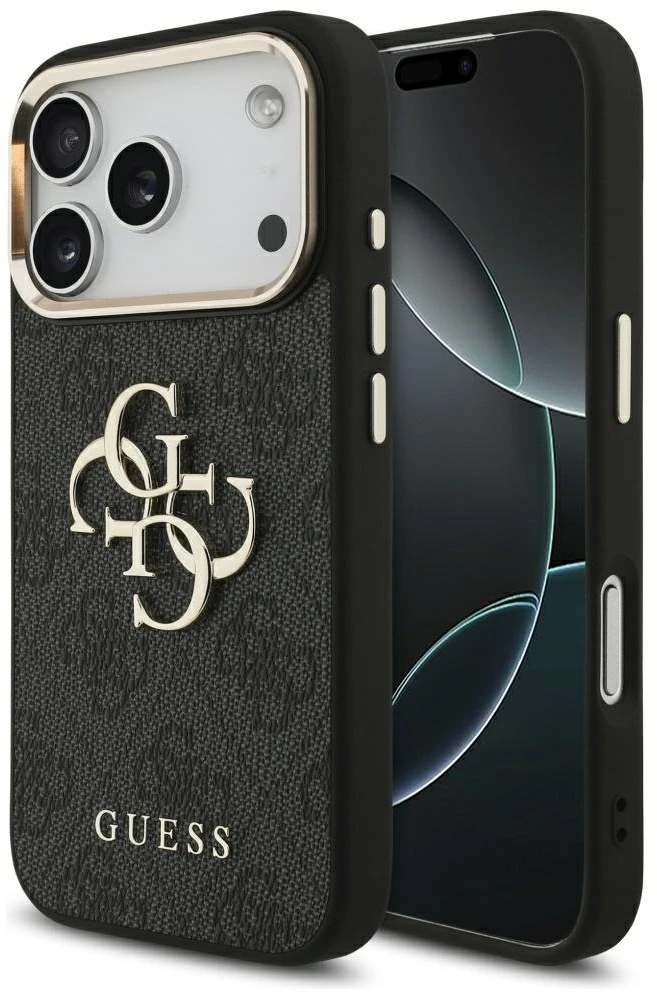 Guess PU Leather 4G Metal Logo Gold Frame dėklas skirtas Apple iPhone 17 Pro juodos spalvos