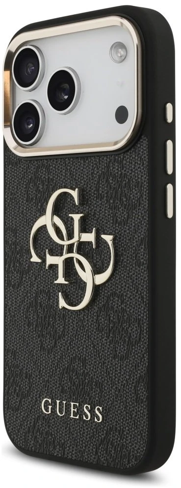 Guess PU Leather 4G Metal Logo Gold Frame dėklas skirtas Apple iPhone 17 Pro juodos spalvos