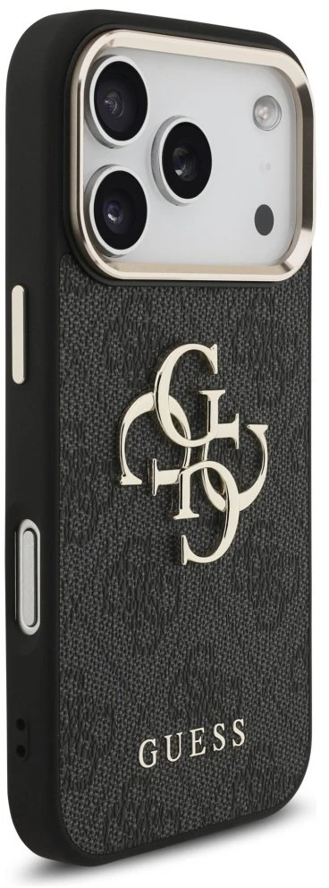 Guess PU Leather 4G Metal Logo Gold Frame dėklas skirtas Apple iPhone 17 Pro juodos spalvos