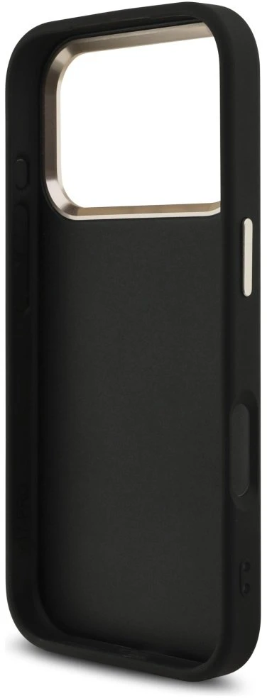 Guess PU Leather 4G Metal Logo Gold Frame dėklas skirtas Apple iPhone 17 Pro juodos spalvos