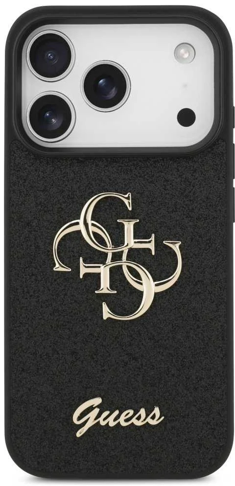 Guess PU Fixed Glitter 4G Metal Logo dėklas skirtas Apple iPhone 17 Pro juodos spalvos