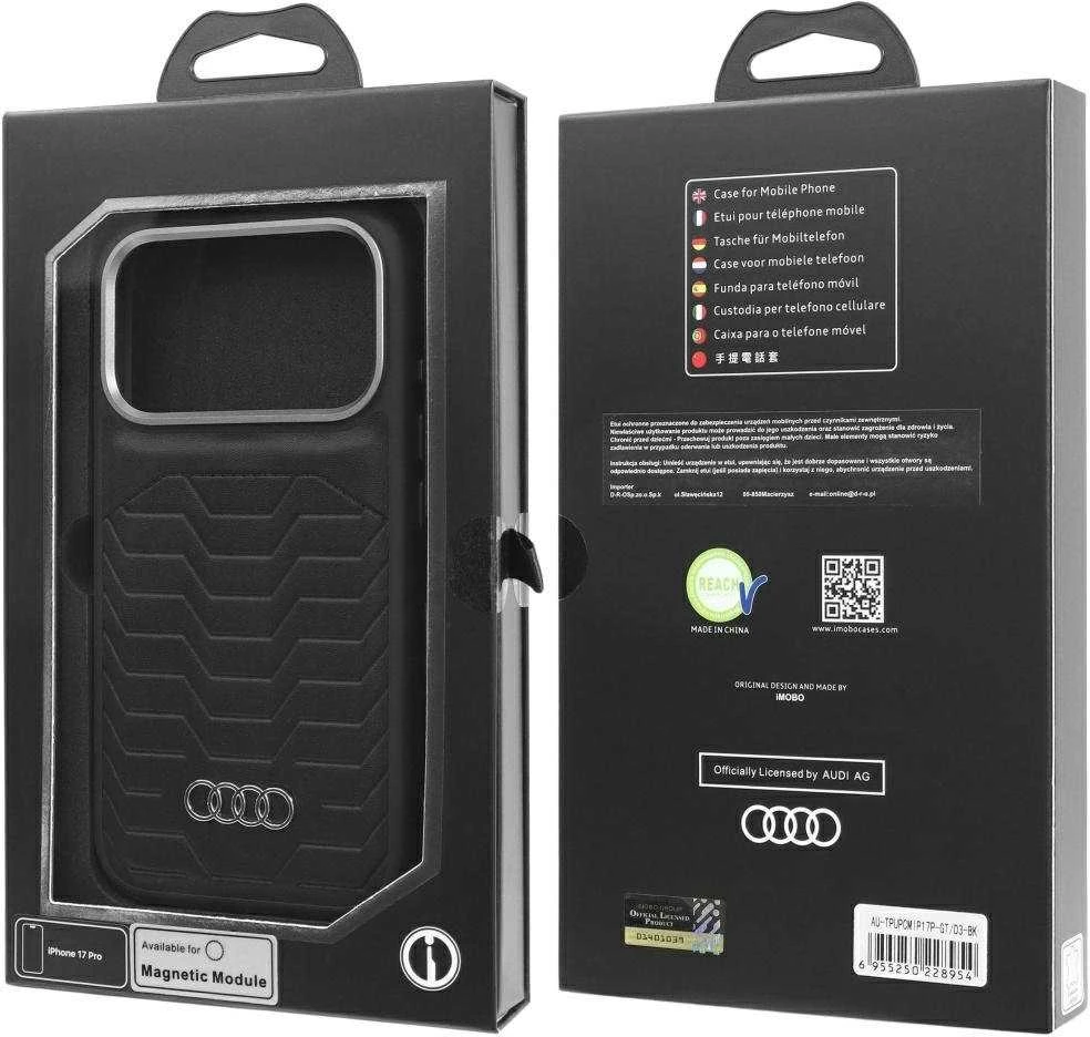Dėklas Audi GT Synthetic Leather MagSafe Apple iPhone 17 Pro juodos spalvos