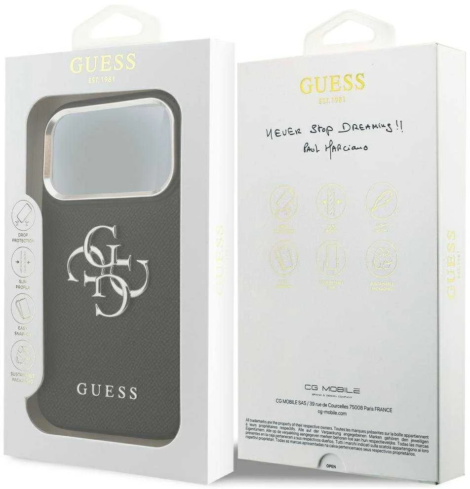 Guess PU Grained 4G Metal Logo dėklas skirtas iPhone 17 Pro juodos spalvos
