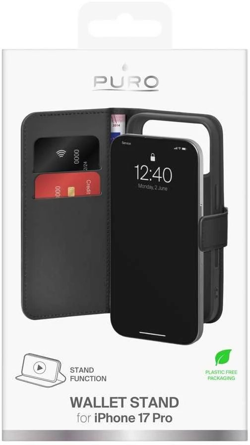 Puro Wallet Stand dėklas skirtas Apple iPhone 17 Pro Made of Eco-Leather, with a Flap, Wallet, and Stand Function - juodos spalvos