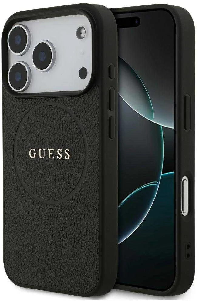 Guess Grained Ring MagSafe dėklas Apple iPhone 17 Pro juodos spalvos