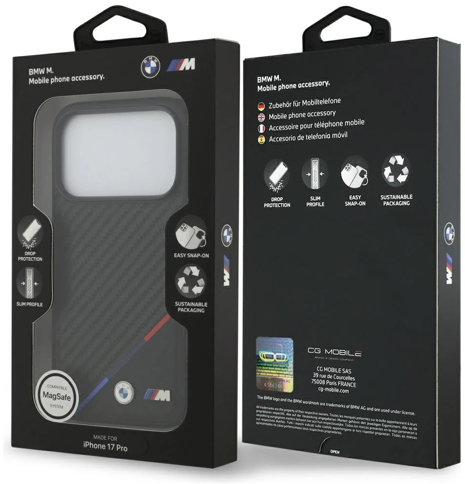 Dėklas BMW M Carbon Tricolor Line MagSafe Apple iPhone 17 Pro juodos spalvos
