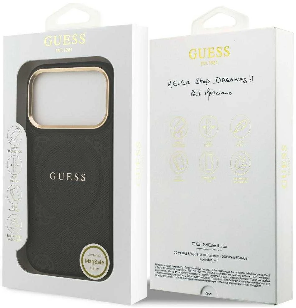 GUESS dėklas, skirtas IPHONE 17 Pro, suderinamas su MagSafe GUHMP17LPSAMSECK (PU W/ Peony Hot Stamp) juodas