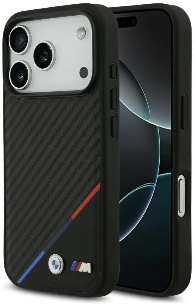 Dėklas BMW M Carbon Tricolor Line MagSafe Apple iPhone 17 Pro juodos spalvos