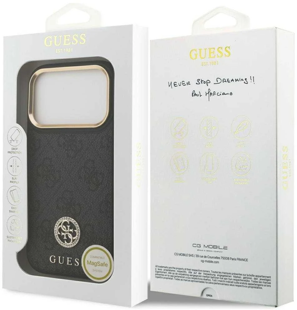 GUESS dėklas, skirtas IPHONE 17 Pro, suderinamas su MagSafe GUHMP17LP4GRMDEK (PU W/ 4G Strass Logo) juodas