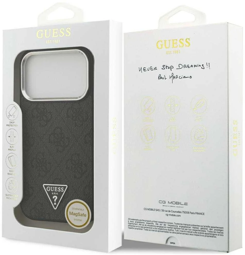Dėklas Guess 4G Triangle Logo MagSafe Apple iPhone 17 Pro juodos spalvos sidabrinis