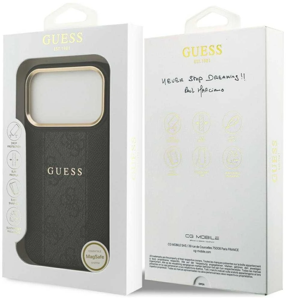 GUESS dėklas, skirtas IPHONE 17 Pro, suderinamas su MagSafe GUHMP17LPG4SEMCK (PU su 4G juostele), juodas