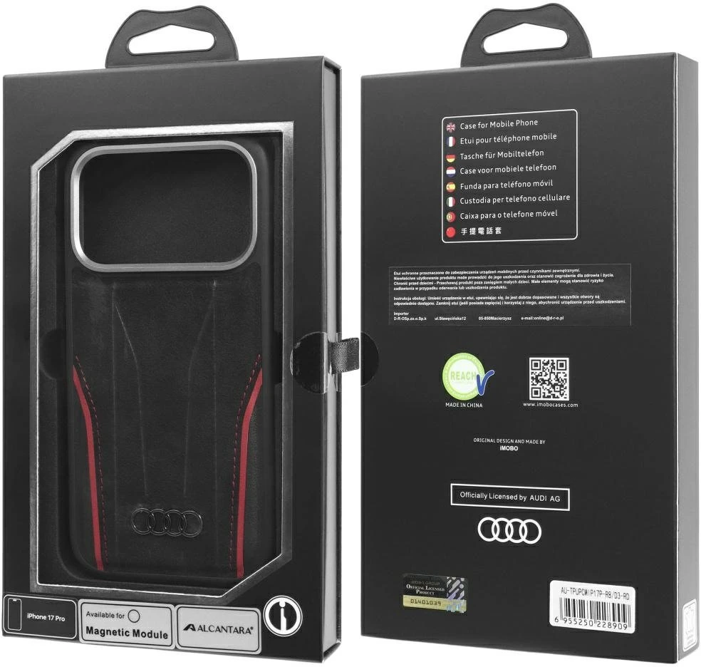 Dėklas Audi R8 Genuine Leather MagSafe Apple iPhone 17 Pro juodos spalvos-red