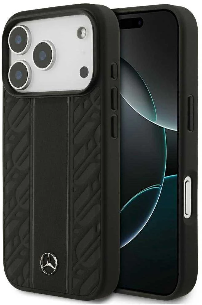 Dėklas Mercedes Leather Laurel Leaves Stripes MagSafe Apple iPhone 17 Pro juodos spalvos