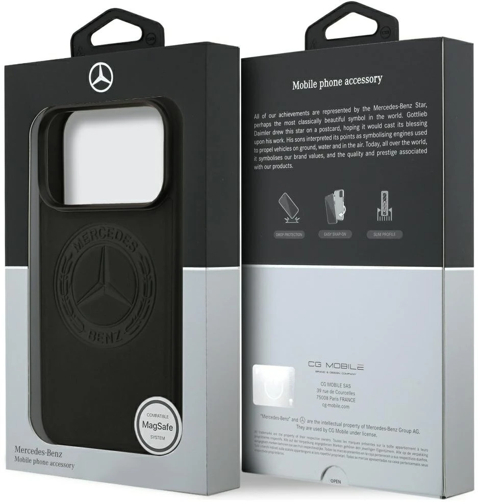 Original dėklas MERCEDES Leather Vintage Logo MagSafe skirtas Apple iPhone 17 Pro juodos spalvos