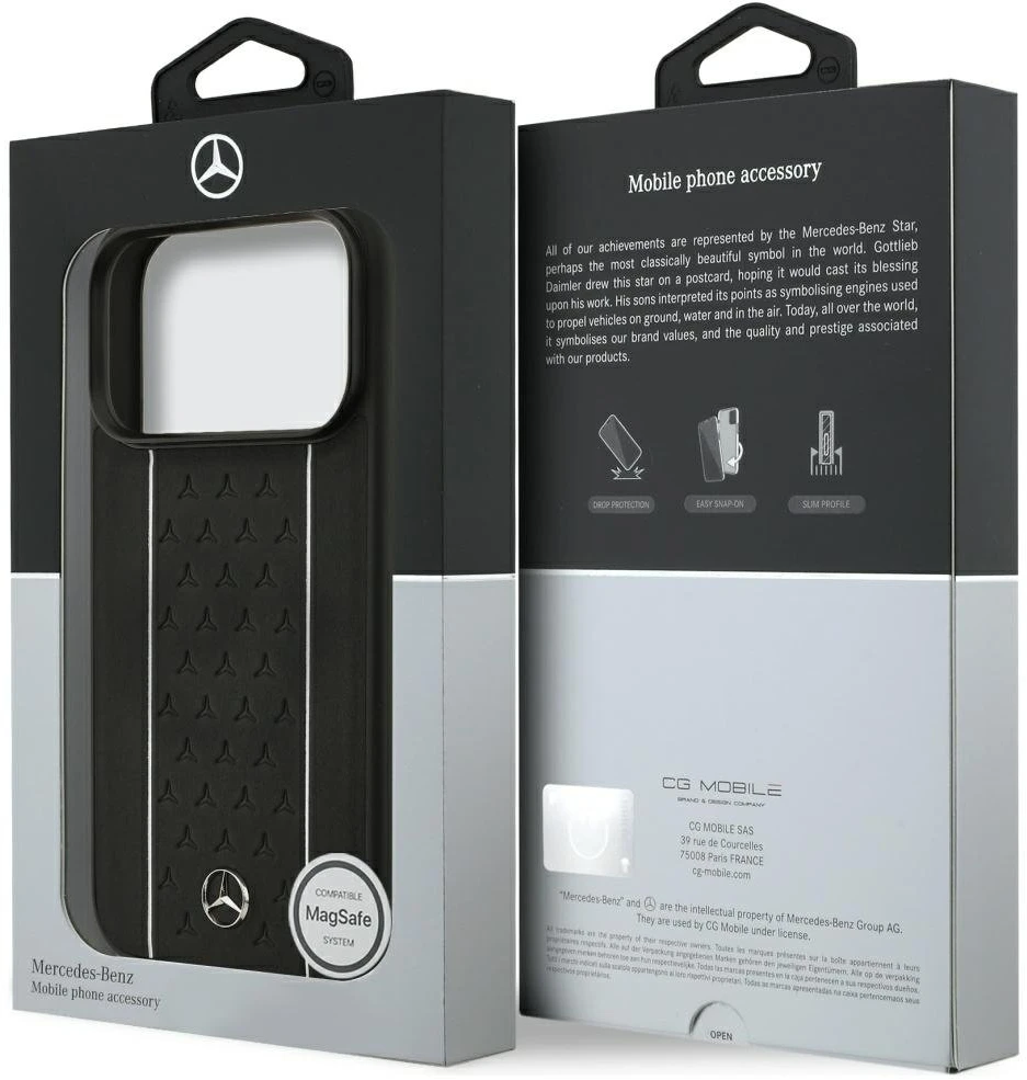 Mercedes Leather Star Pattern Stripes MagSafe dėklas Apple iPhone 17 Pro juodos spalvos