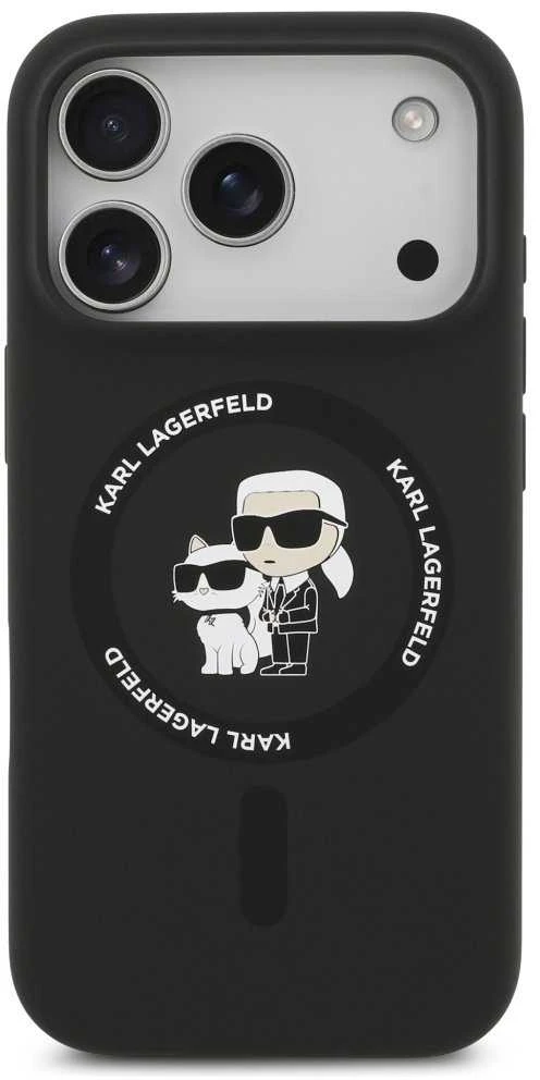Karl Lagerfeld Liquid Silicone Karl and Choupette MagSafe dėklas skirtas Apple iPhone 17 Pro juodos spalvos
