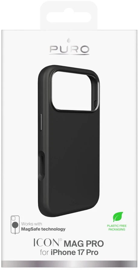 Puro Pure Icon Mag Pro Liquid Silicone dėklas skirtas Apple iPhone 17 Pro, MagSafe Compatible, with Camera Protection and Aluminum Mygtukai – juodos spalvos