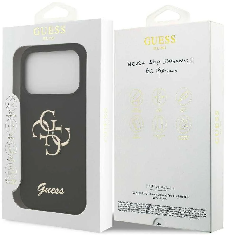Guess Silicone Big 4G Script dėklas skirtas Apple iPhone 17 Pro juodos spalvos