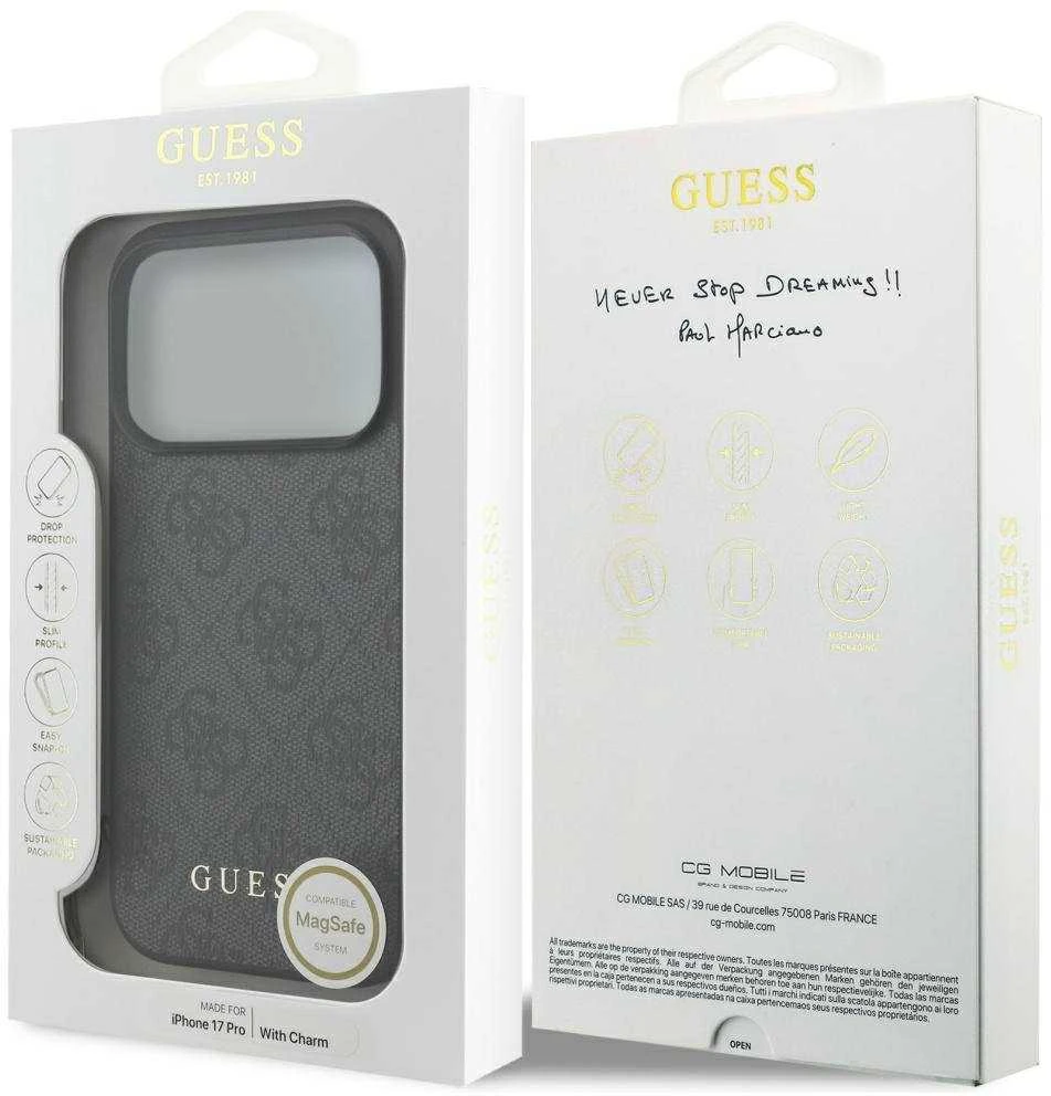 Guess 4G Charm dėklas skirtas Apple iPhone 17 Pro Tone on Tone pilkos spalvos