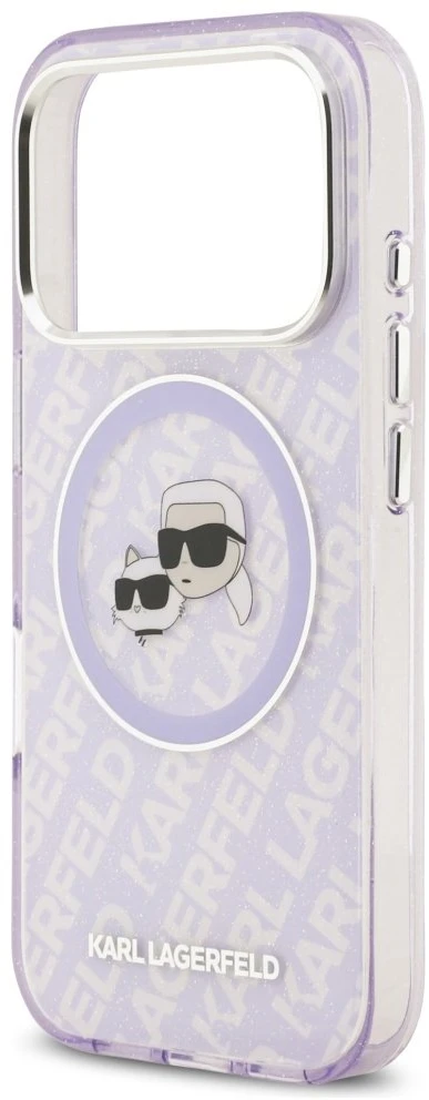 Karl Lagerfeld IML Glitter Karl & Choupette Heads Logo MagSafe dėklas skirtas Apple iPhone 17 Pro Violetinė