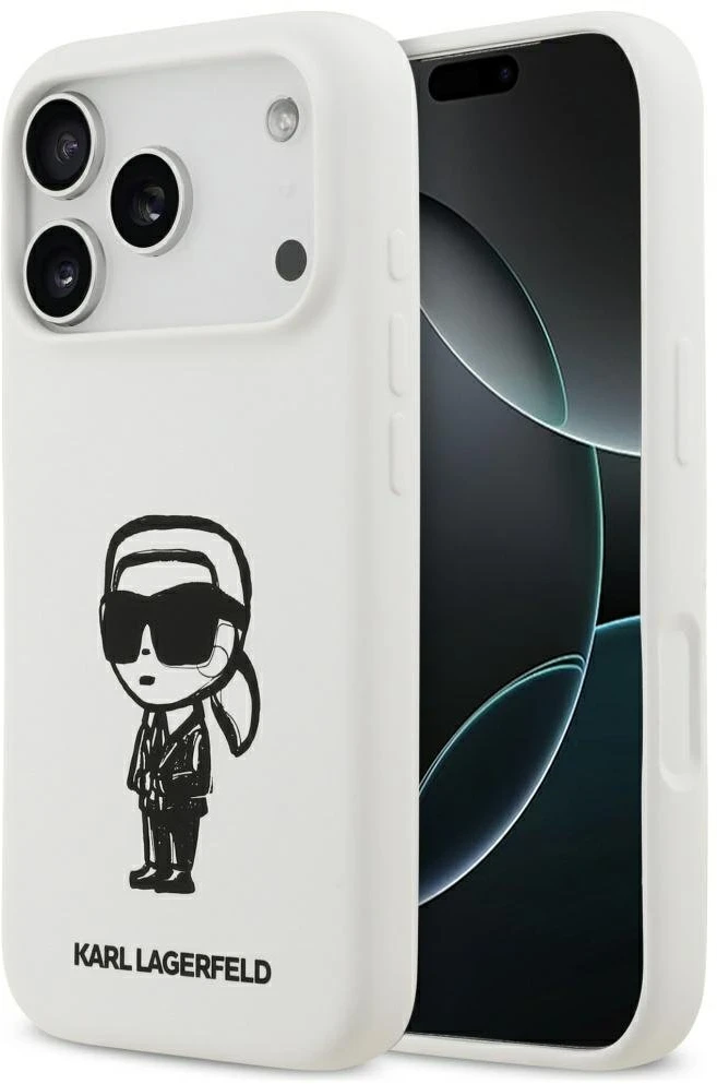„Karl Lagerfeld“ silikoninis „Karl Sketch & Logo MagSafe“ dėklas, skirtas „iPhone 17 Pro“ – Baltas