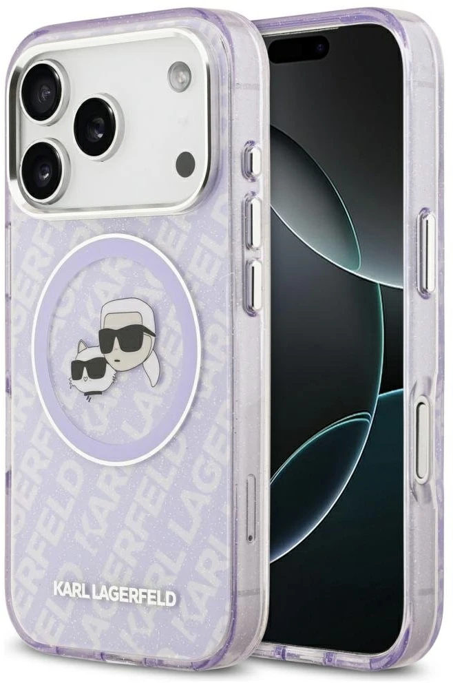 Karl Lagerfeld IML Glitter Karl & Choupette Heads Logo MagSafe dėklas skirtas Apple iPhone 17 Pro Violetinė