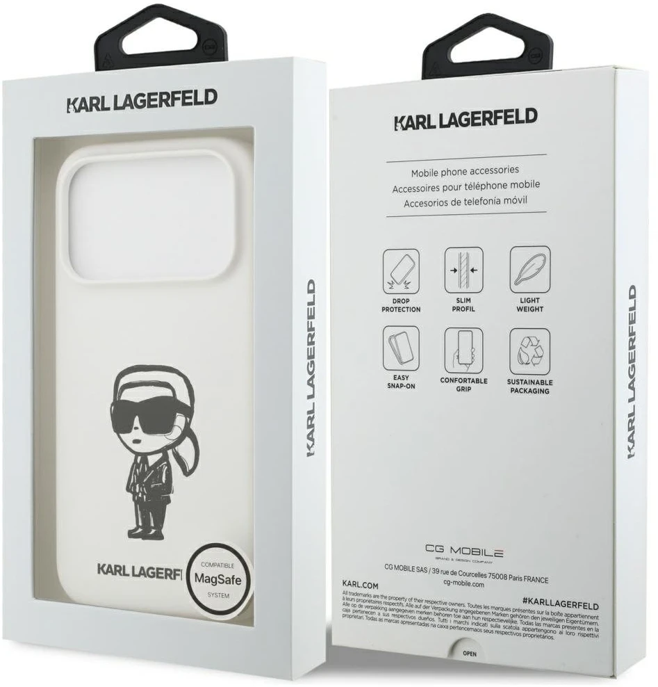 „Karl Lagerfeld“ silikoninis „Karl Sketch & Logo MagSafe“ dėklas, skirtas „iPhone 17 Pro“ – Baltas