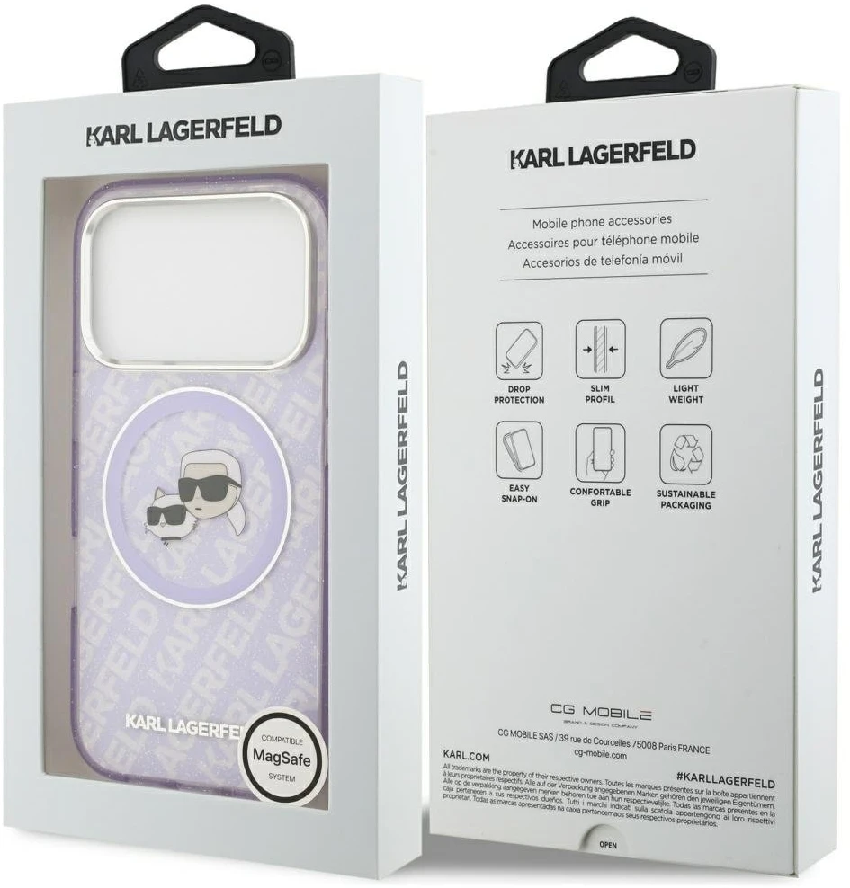 Karl Lagerfeld IML Glitter Karl & Choupette Heads Logo MagSafe dėklas skirtas Apple iPhone 17 Pro Violetinė