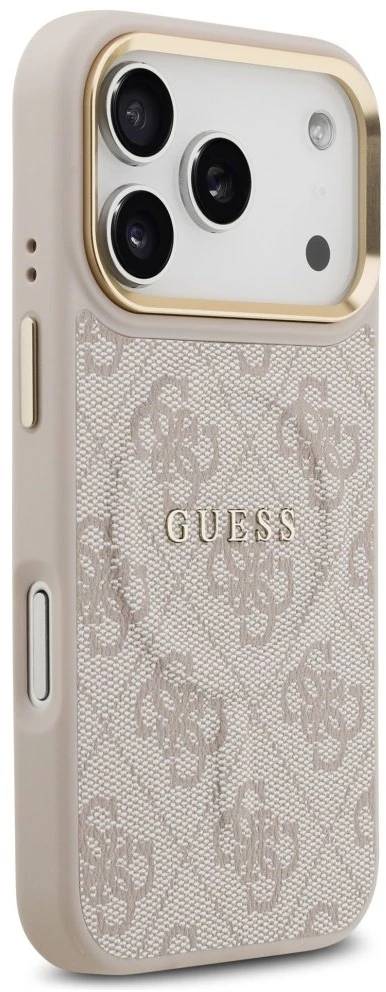 Guess PU odos 4G Gold Frame MagSafe dėklas skirtas iPhone 17 Pro rožinės spalvos