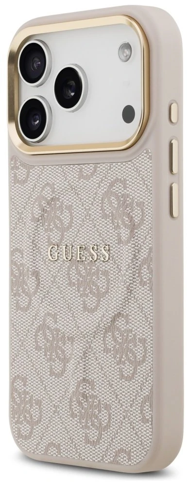 Guess PU odos 4G Gold Frame MagSafe dėklas skirtas iPhone 17 Pro rožinės spalvos