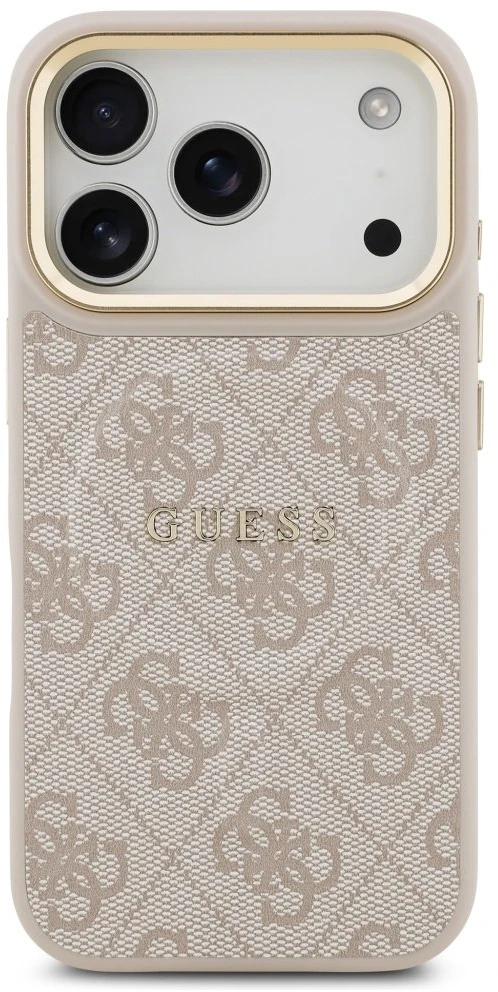 Guess PU odos 4G Gold Frame MagSafe dėklas skirtas iPhone 17 Pro rožinės spalvos