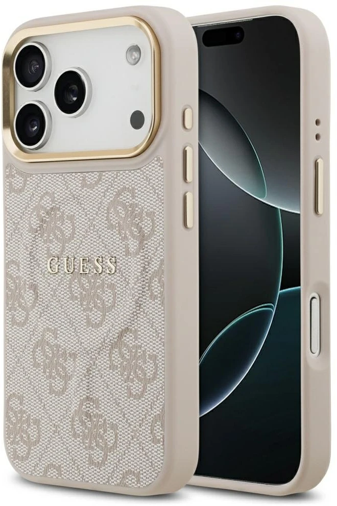 Guess PU odos 4G Gold Frame MagSafe dėklas skirtas iPhone 17 Pro rožinės spalvos