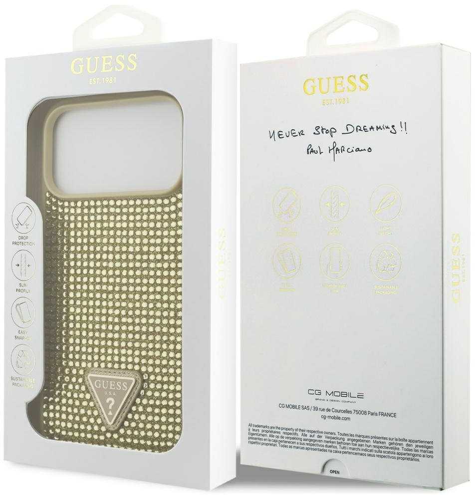 Dėklas Guess Rhinestone Triangle Logo skirtas Apple iPhone 17 Pro Max aukso spalvos
