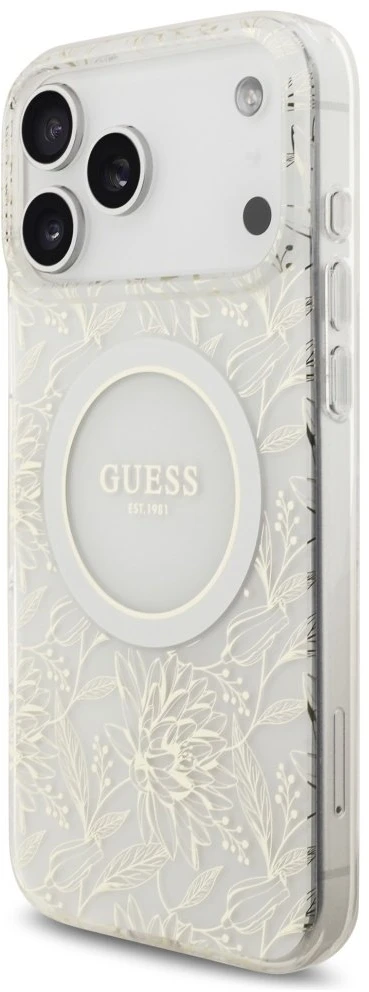Guess IML Flowers Allover Strap MagSafe dėklas skirtas Apple iPhone 17 Pro Max baltos spalvos