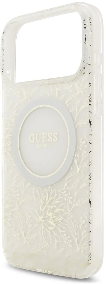 Guess IML Flowers Allover Strap MagSafe dėklas skirtas Apple iPhone 17 Pro Max baltos spalvos