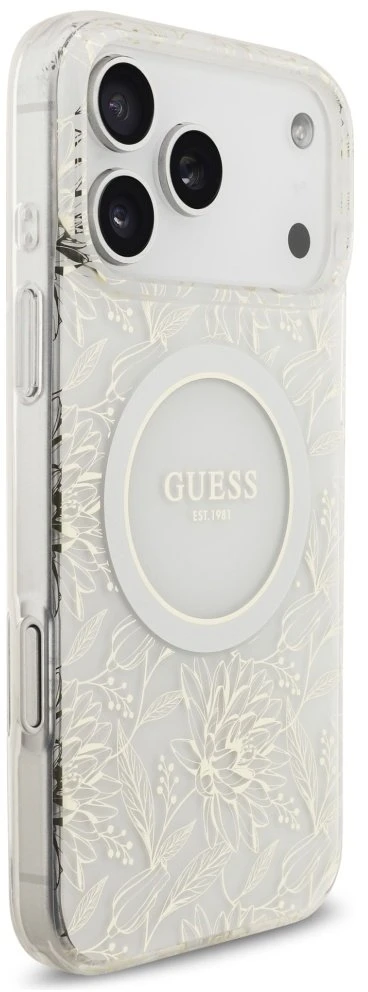 Guess IML Flowers Allover Strap MagSafe dėklas skirtas Apple iPhone 17 Pro Max baltos spalvos