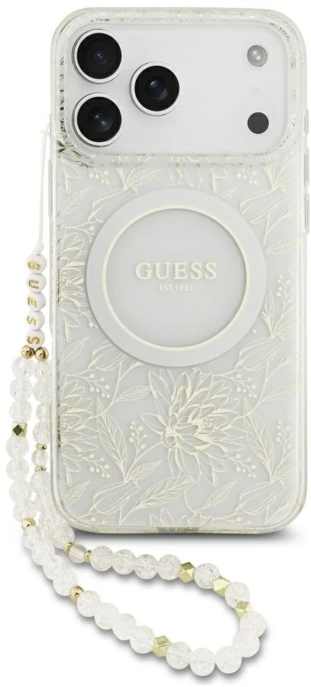 Guess IML Flowers Allover Strap MagSafe dėklas skirtas Apple iPhone 17 Pro Max baltos spalvos