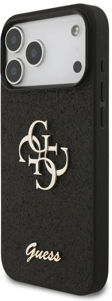 Guess PU Fixed Glitter 4G Metal Logo dėklas skirtas Apple iPhone 17 Pro Max juodos spalvos