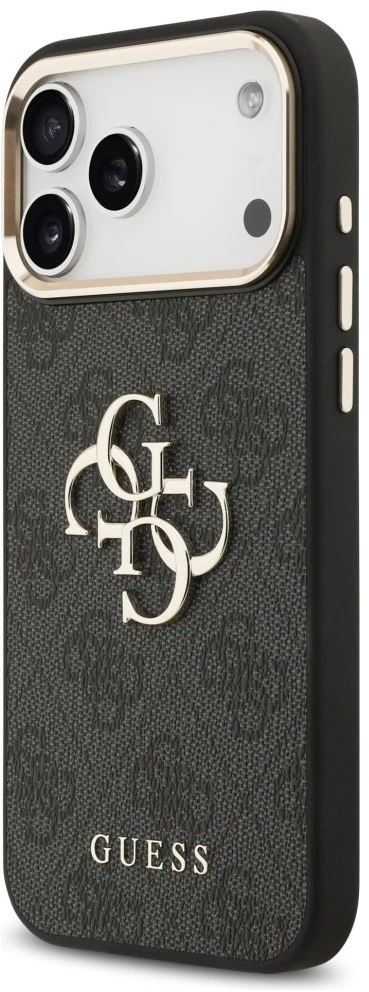 Guess PU Leather 4G Metal Logo Gold Frame dėklas skirtas Apple iPhone 17 Pro Max juodos spalvos