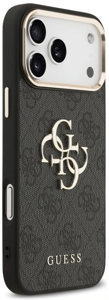 Guess PU Leather 4G Metal Logo Gold Frame dėklas skirtas Apple iPhone 17 Pro Max juodos spalvos